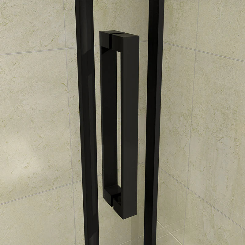 Close up of the rectangular matt black handle on the Vitrano sliding shower door