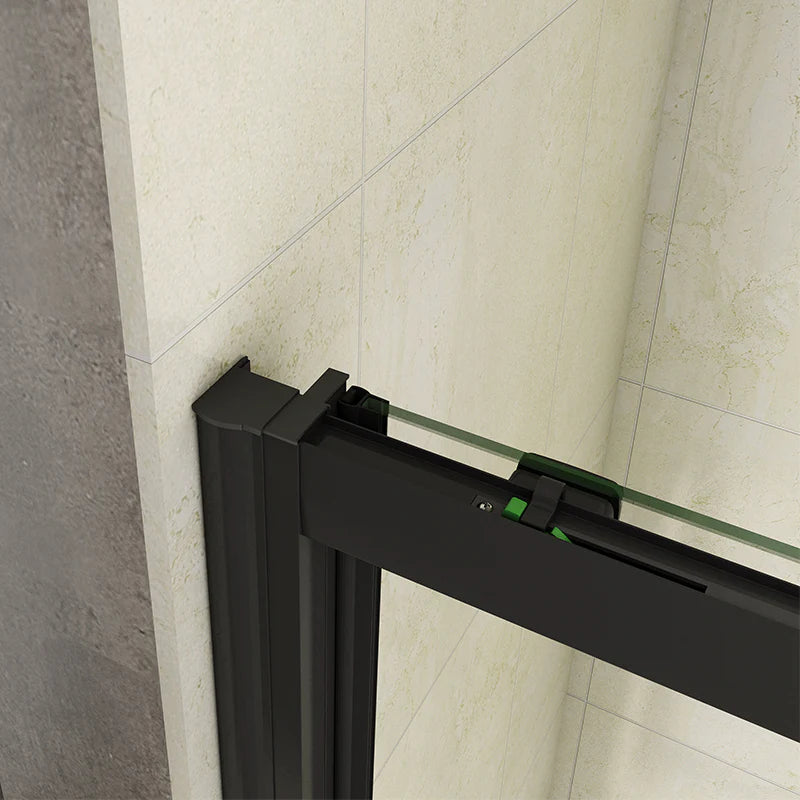 Close up of the matt black top rail and sliding mechanism on the Vitrano shower door