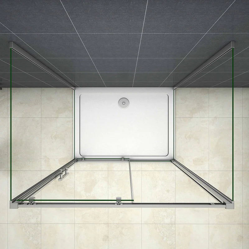 Top view of sliding shower enclosure showing tray fit and corner installation