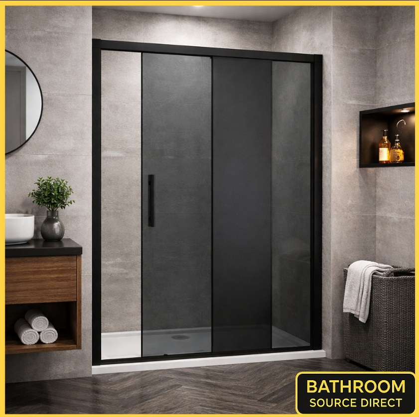 Vitrano smoked glass sliding shower door with matt black frame and privacy glass