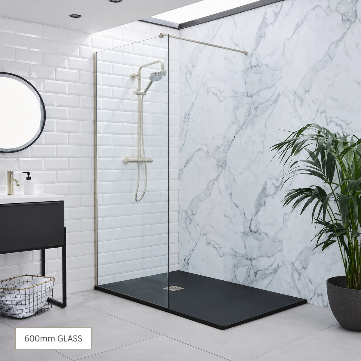 Vitrano V8 600mm brushed nickel wetroom screen with 8mm glass and wall bracing bar