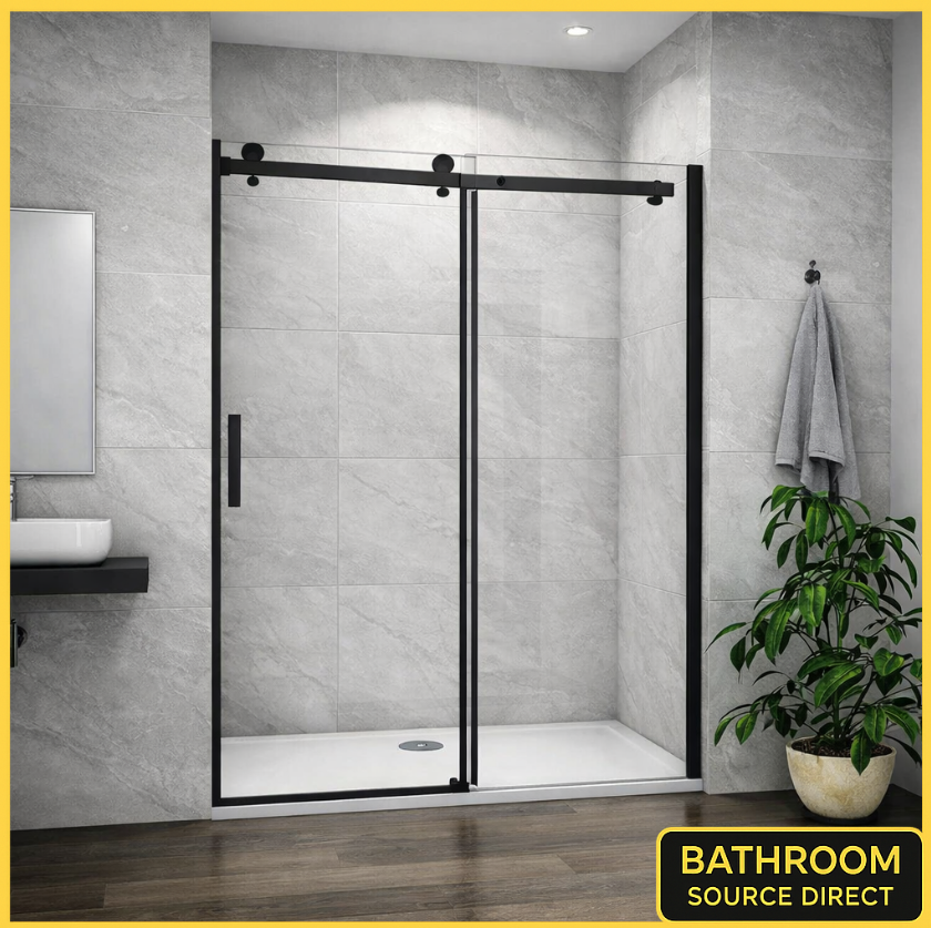 Vitrano V8 frameless sliding shower door with matt black rail and 8mm glass
