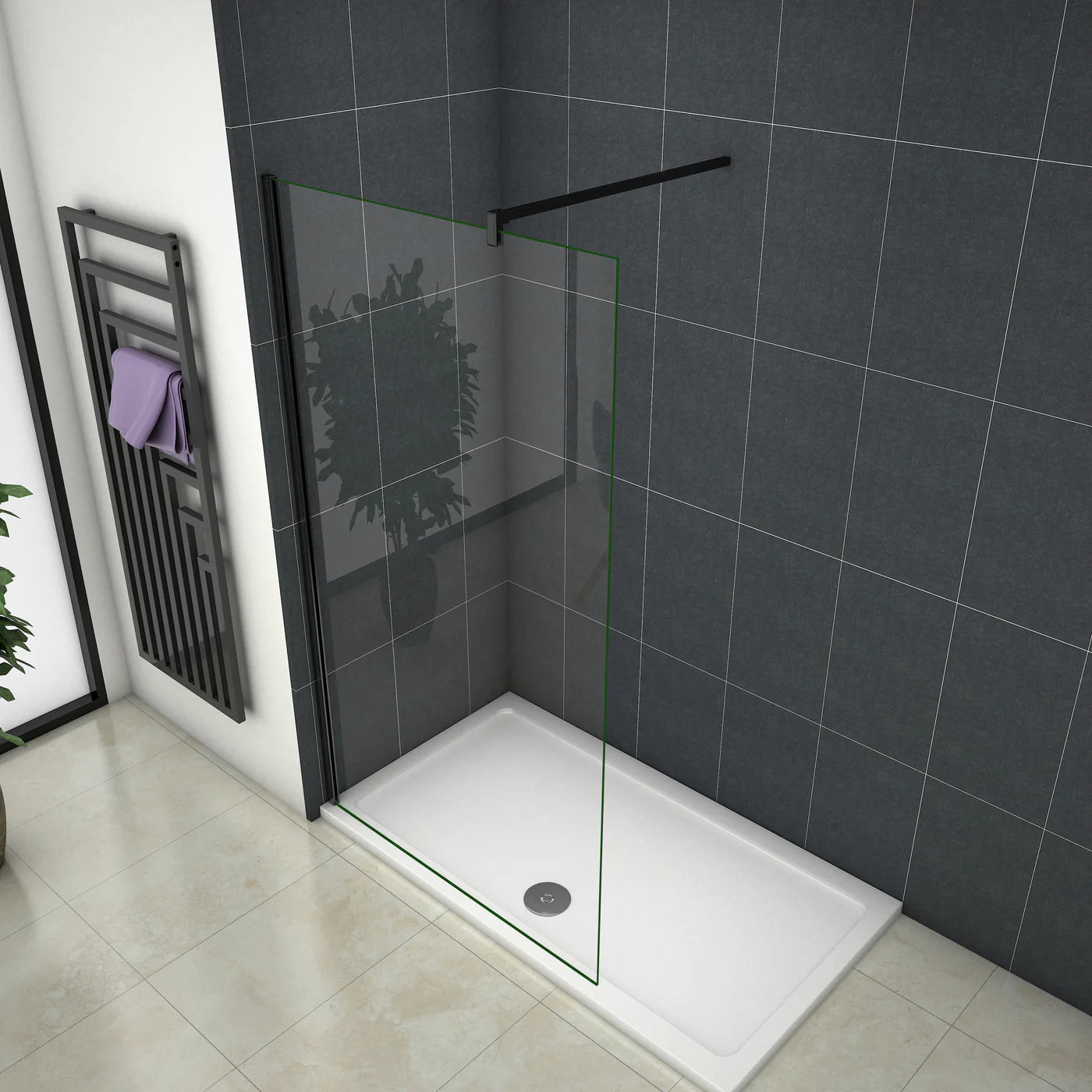Walk-in shower glass panel installed on shower tray with black wall profile