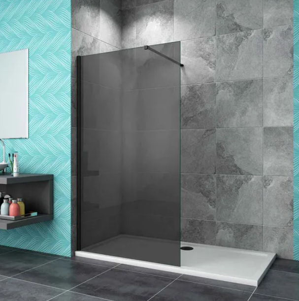 Vitrano walk in shower screen installed in modern bathroom with light grey wall tiles