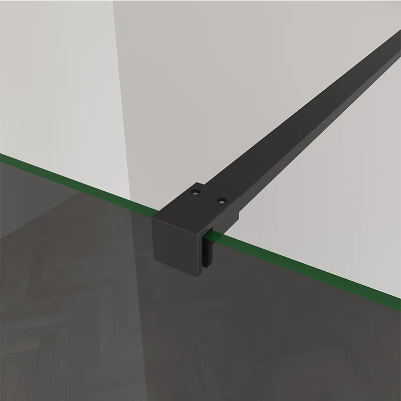 Matt black support bar detail on walk in shower screen