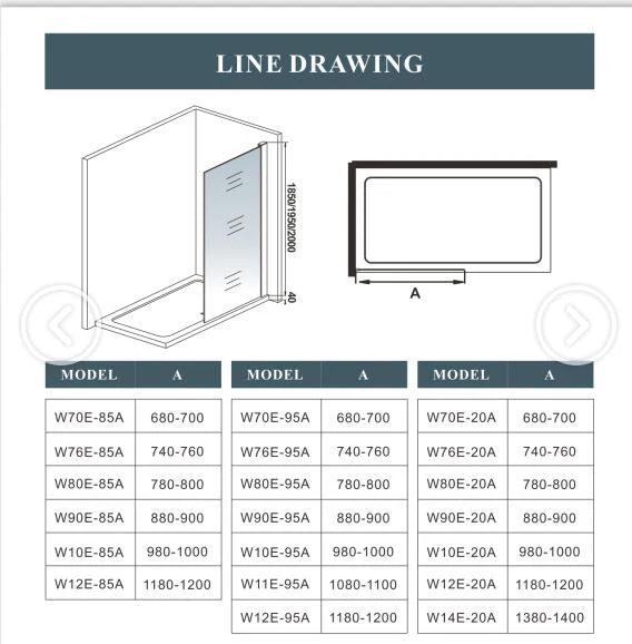 Walk In Shower Screen Technical Drawing Showing Dimensions And Glass Panel Measurements