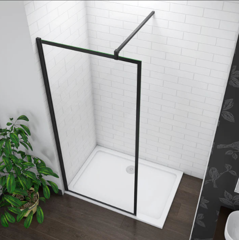 Black Framed Walk In Shower Screen Angled View Showing Glass Panel And Support Bar