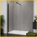 Black Framed Walk In Shower Screen With Clear Glass Installed In Modern Dark Wall Bathroom