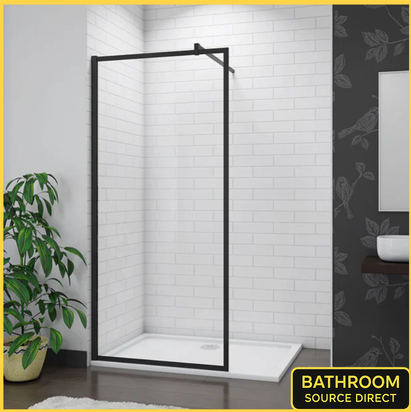 Black Framed Walk In Shower Screen With Clear Glass Installed In Modern White Tiled Bathroom