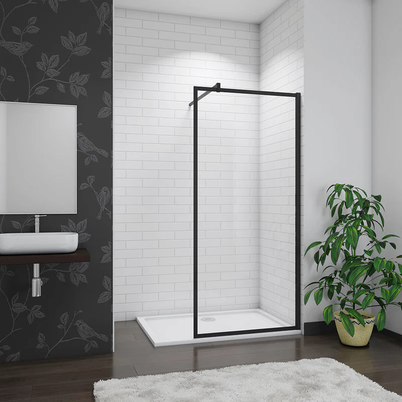 Black Framed Walk In Shower Screen Front View In Modern White Tiled Bathroom