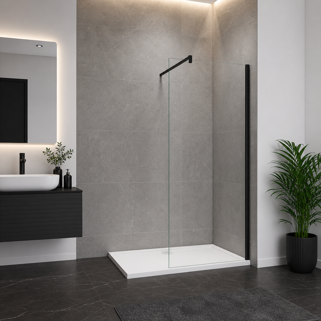 Black Framed Walk In Shower Screen Front View In Modern White Tiled Bathroom