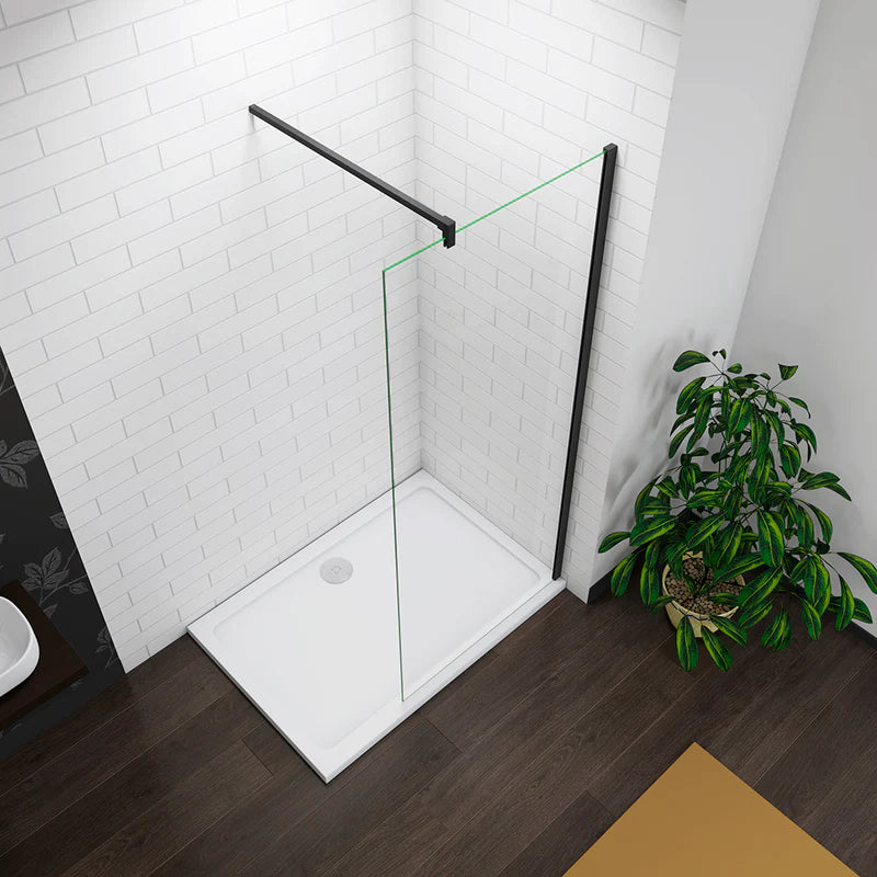 Black Framed Walk In Shower Screen Front View In Modern White Tiled Bathroom