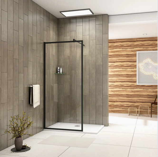 Black Framed Walk In Shower Screen Installed In Modern Bathroom With Wood Panel Wall