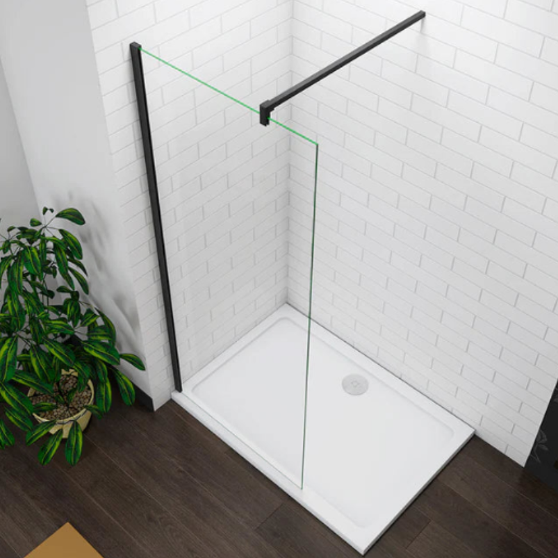 Black Framed Walk In Shower Screen Installed In Modern Grey Tiled Bathroom