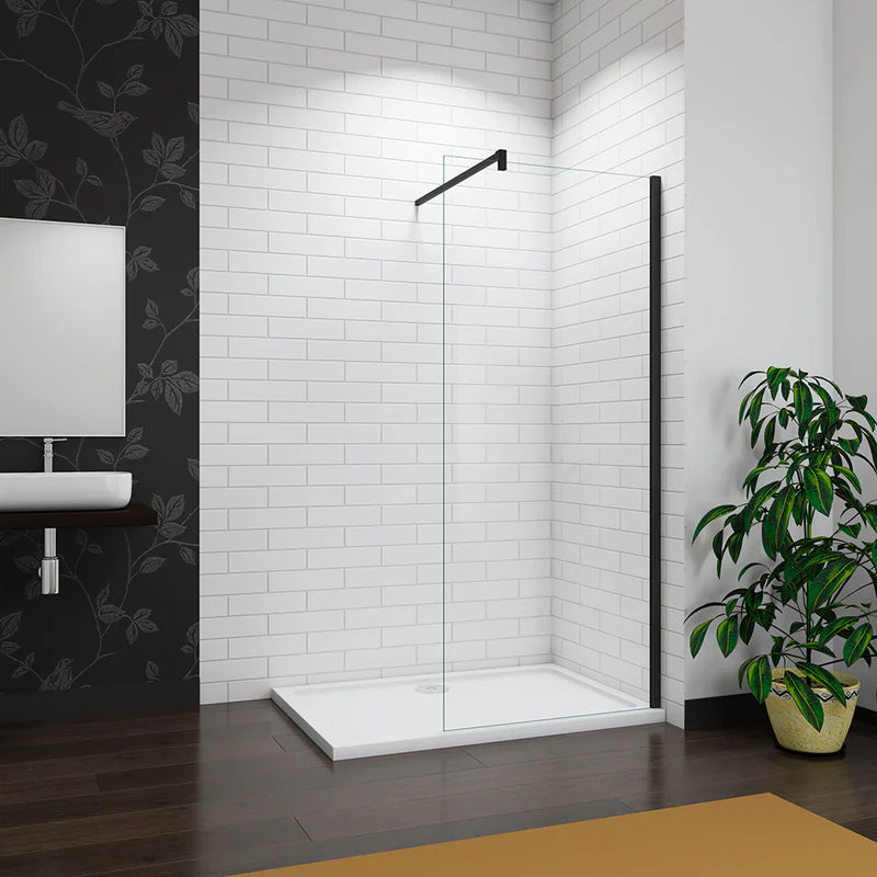 Alt Text:
Black Framed Walk In Shower Screen Installed In Modern White Tiled Bathroom