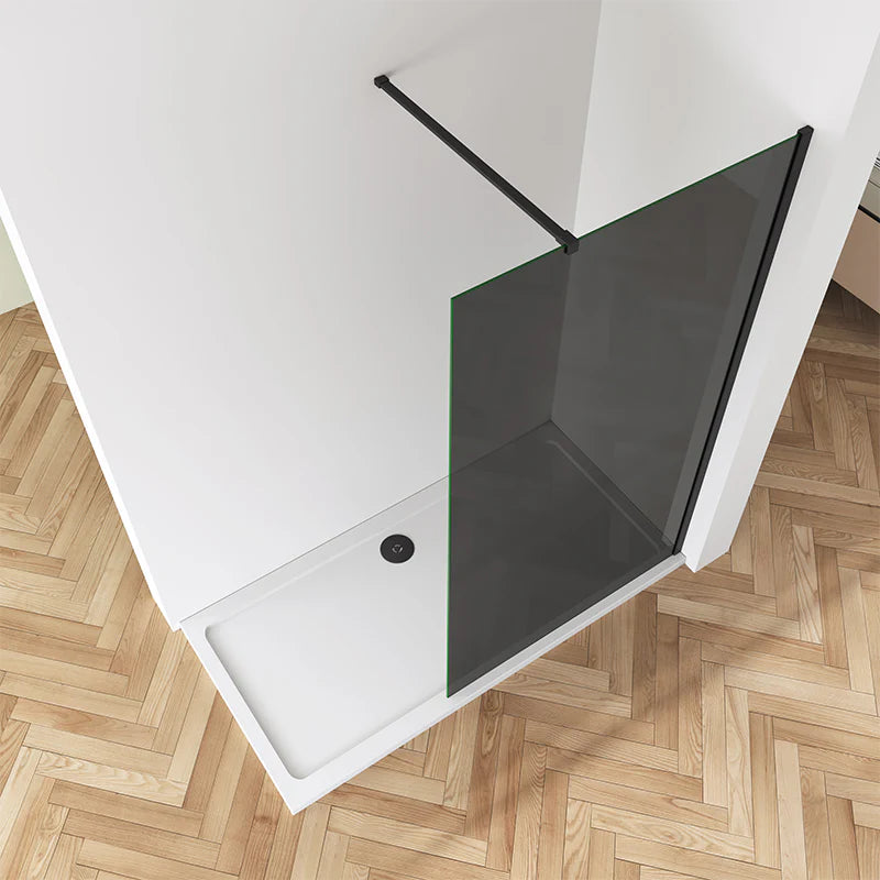 Black Framed Walk In Shower Screen Overhead View Showing Glass Panel And Tray Position