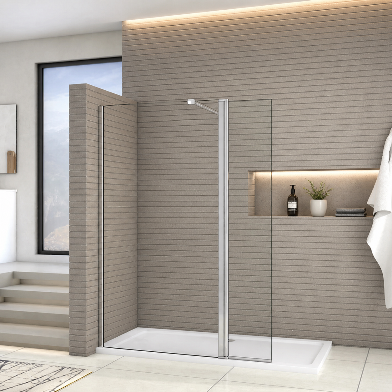 Chrome Walk In Shower Screen With Pivot Panel Angled View In Modern Bathroom