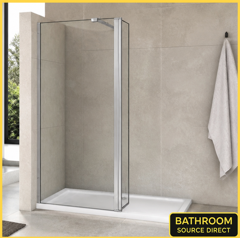 Chrome Walk In Shower Screen With Pivot Panel And Clear Glass Installed In Modern Beige Bathroom