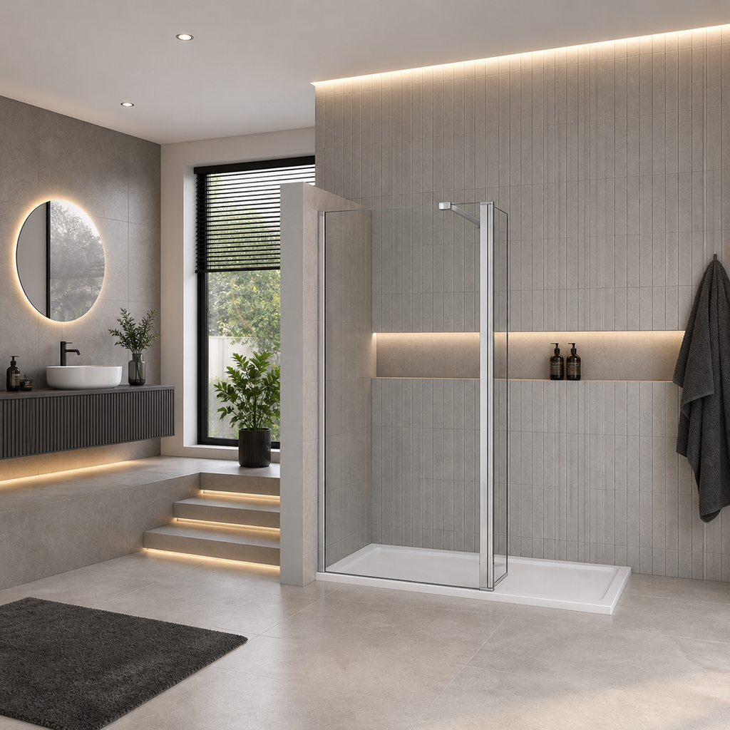 Chrome Walk In Shower Screen With Pivot Panel Installed In Modern Bathroom With LED Lighting
