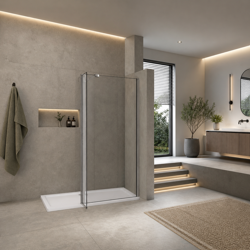 Chrome Walk In Shower Screen With Pivot Panel In Open Position Showing Functionality