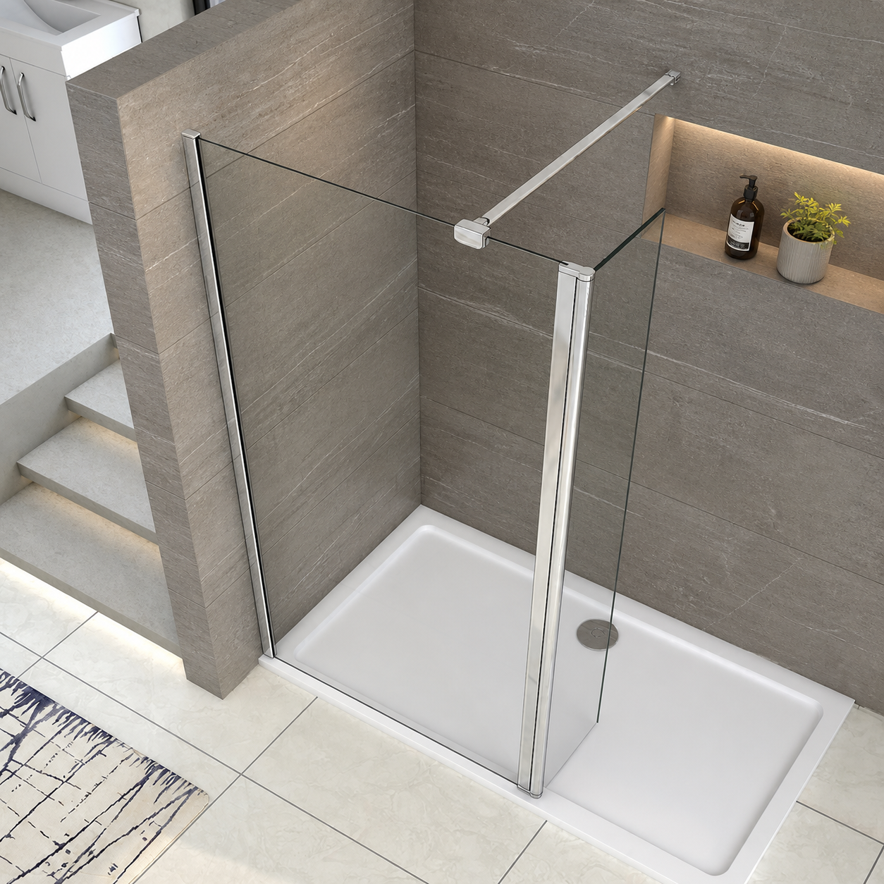 Chrome Walk In Shower Screen With Pivot Panel Overhead View Showing Glass Layout