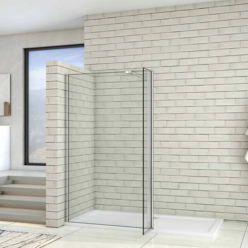 Chrome Walk In Shower Screen With Pivot Panel In Modern White Brick Tiled Bathroom