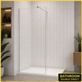 Walk In Shower Screen With Clear Glass Installed In Modern Beige Tiled Bathroom With Floating Vanity
