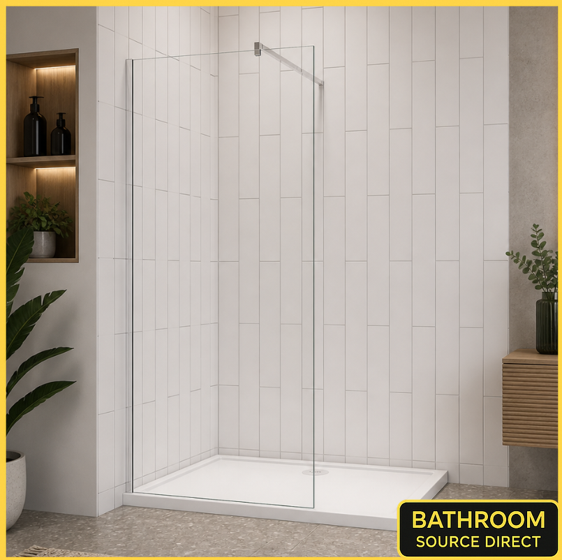 Walk In Shower Screen With Clear Glass Installed In Modern Beige Tiled Bathroom With Floating Vanity