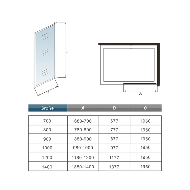 Walk In Shower Screen Technical Drawing Showing Dimensions And Glass Panel Measurements