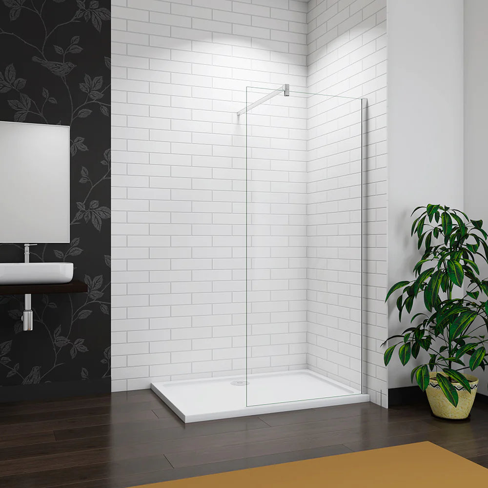 Walk In Shower Screen Front View In Modern White Tiled Bathroom With Plant