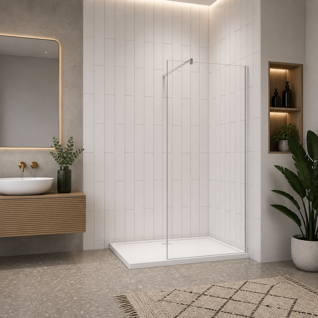 Walk In Shower Screen Installed In Modern Bathroom With LED Mirror And Floating Vanity Unit