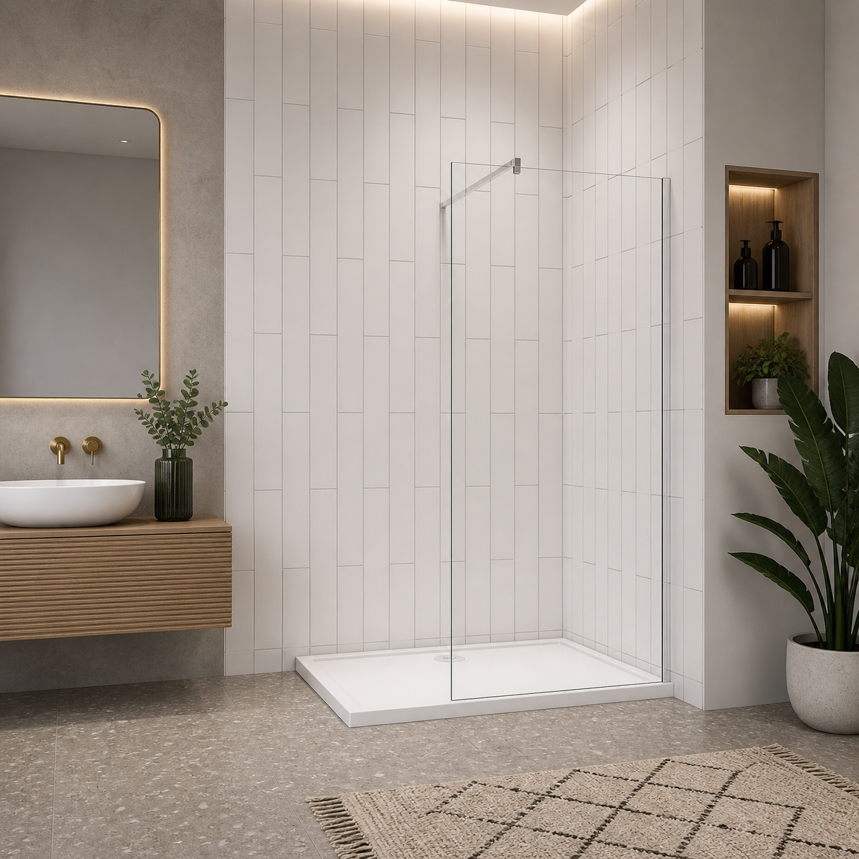 Walk In Shower Screen Installed In Modern Bathroom With LED Mirror And Floating Vanity Unit