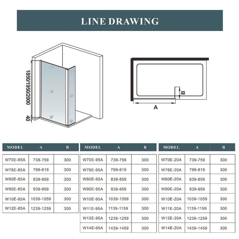 Walk In Shower Screen With Pivot Panel Technical Drawing Showing Dimensions And Measurements