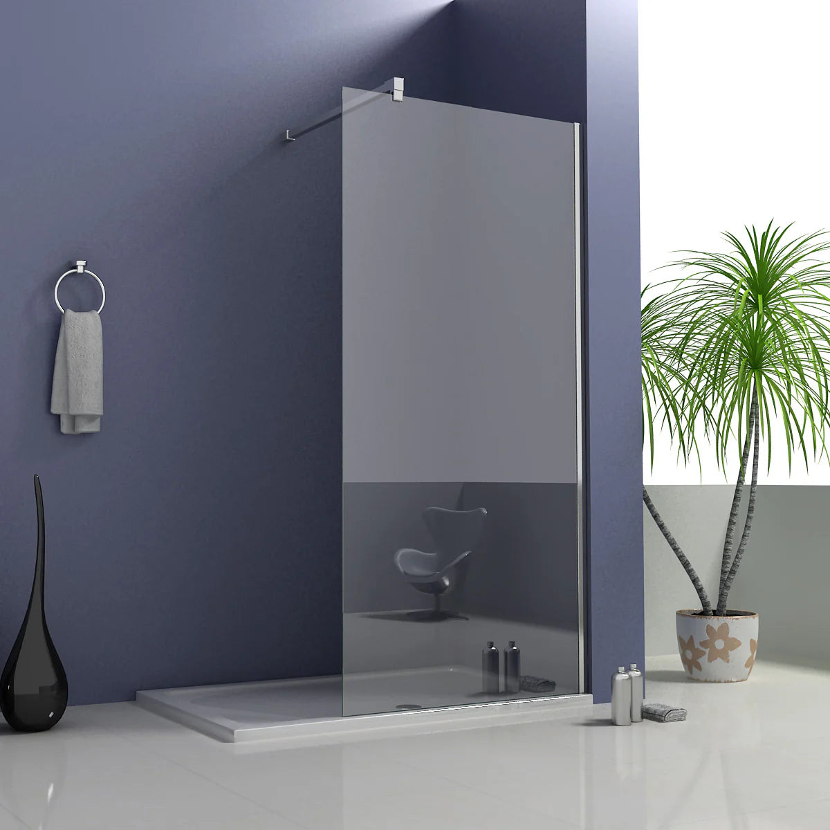 Walk In Shower Screen With Smoked Glass Installed In Modern Blue Bathroom