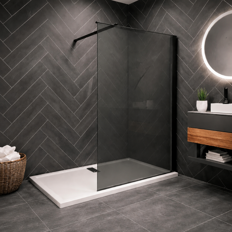 Black Framed Walk In Wet Room Shower Screen With Smoked Glass Installed In Modern Dark Bathroom With LED Mirror And Vanity Unit