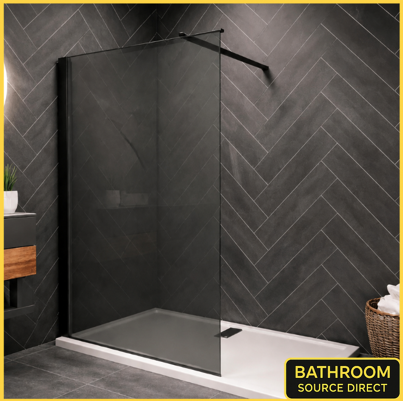 Black Framed Walk In Wet Room Shower Screen With Smoked Glass Installed In Modern Dark Herringbone Tiled Bathroom