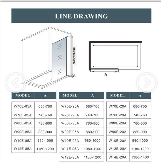 Walk In Wet Room Shower Screen Technical Drawing Showing Dimensions And Measurements
