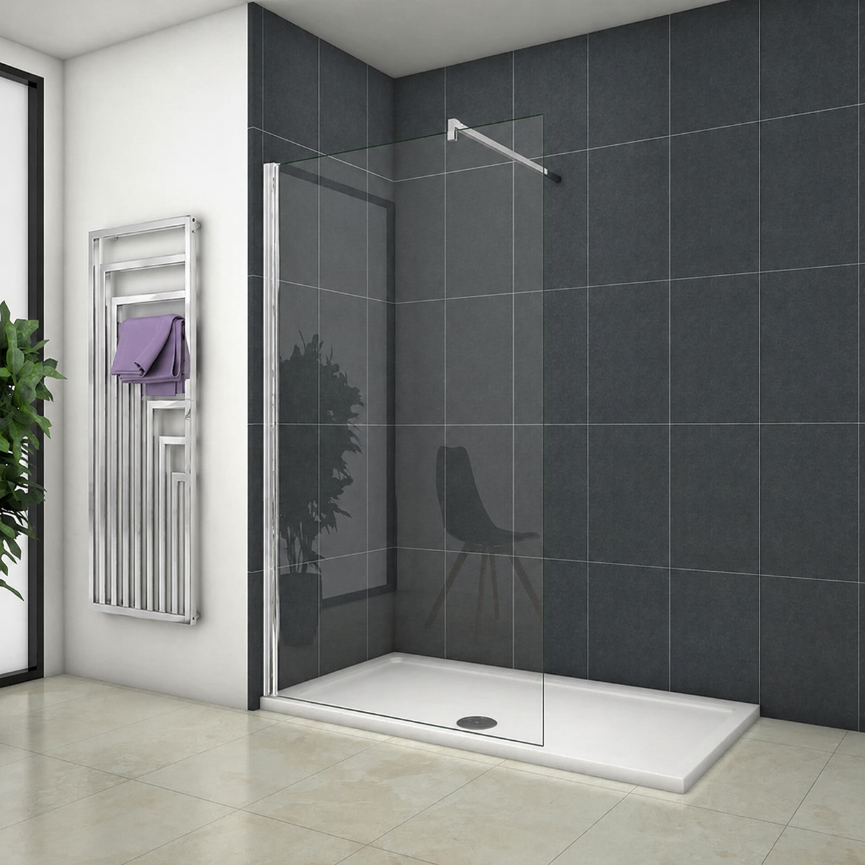 Walk In Wet Room Shower Screen Installed In Modern Dark Tiled Bathroom