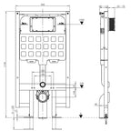 Technical drawing showing the wall hung toilet frame dimensions and fixing centres