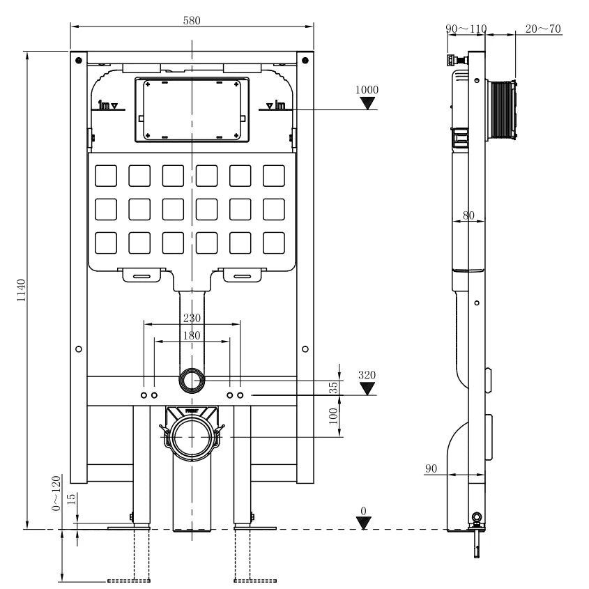 Technical drawing showing the wall hung toilet frame dimensions and fixing centres