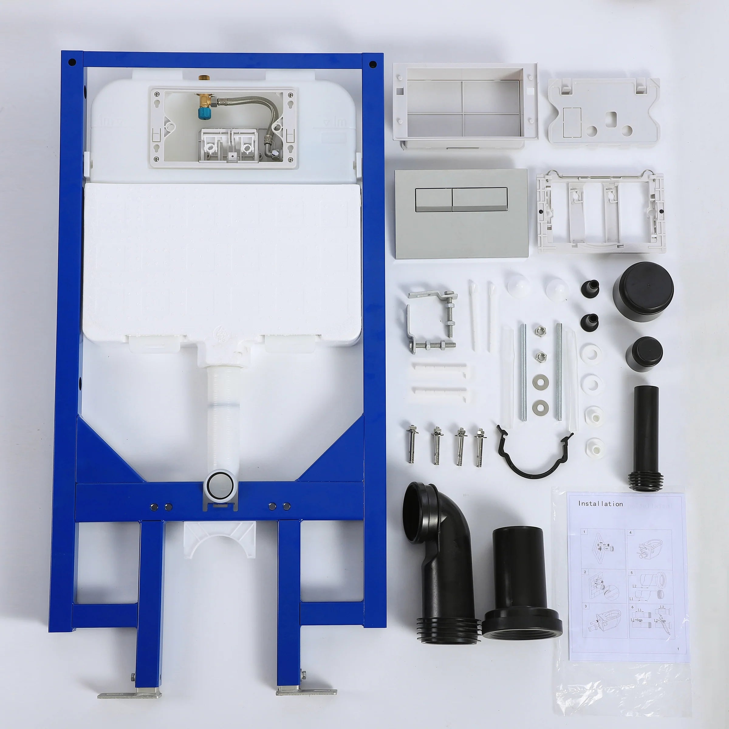 Wall hung toilet frame with concealed cistern, flush plate, pipes and fitting kit
