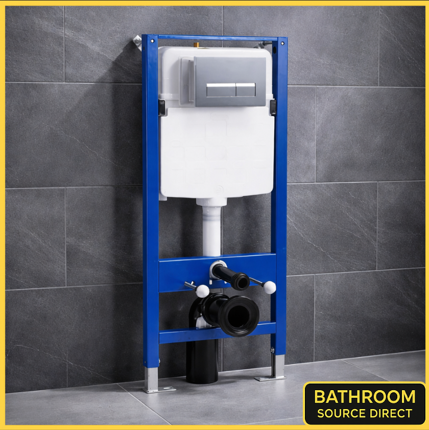 Wall hung toilet frame with concealed cistern and blue steel frame for modern bathroom installation
