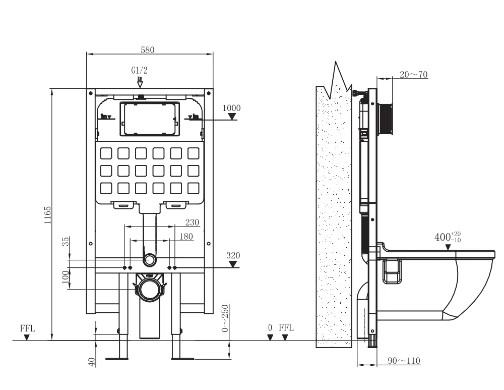 Installation drawing showing the toilet frame, finished wall and pan fitting positions