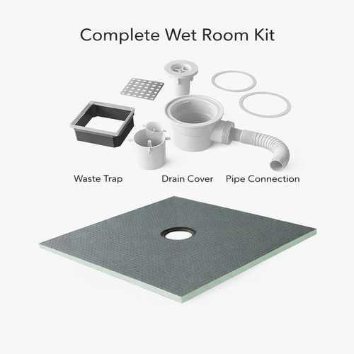 Complete wet room shower tray former kit including waste trap pipe and chrome drain cover
