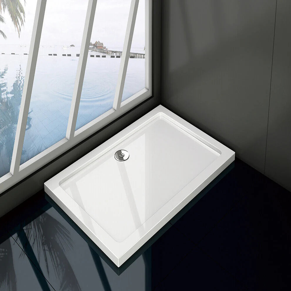 White gel-coated rectangular shower tray 1400mm with smooth stone resin finish
