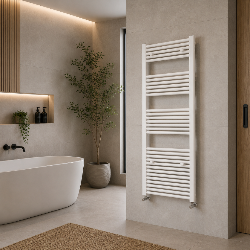 White Ladder Towel Rail 500mm Wide white finish in modern bathroom with contemporary freestanding bathtub and plant