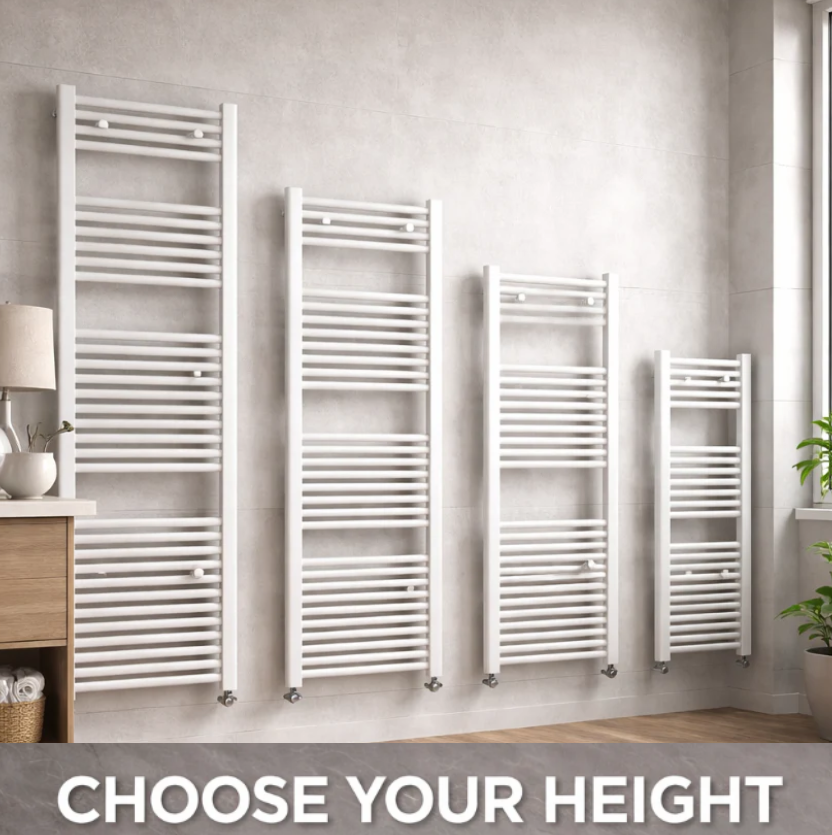 Set of white towel radiators of different heights on a wall.