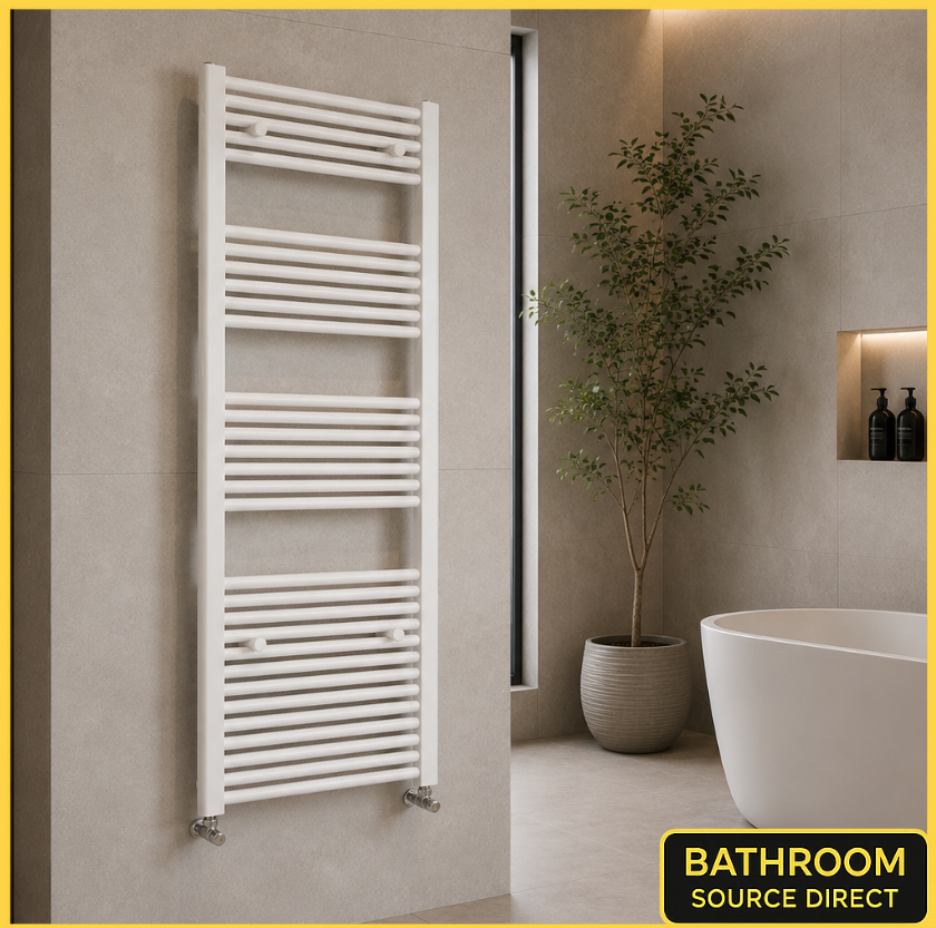 White towel radiator mounted on a wall in a bathroom setting with a plant and bathtub.