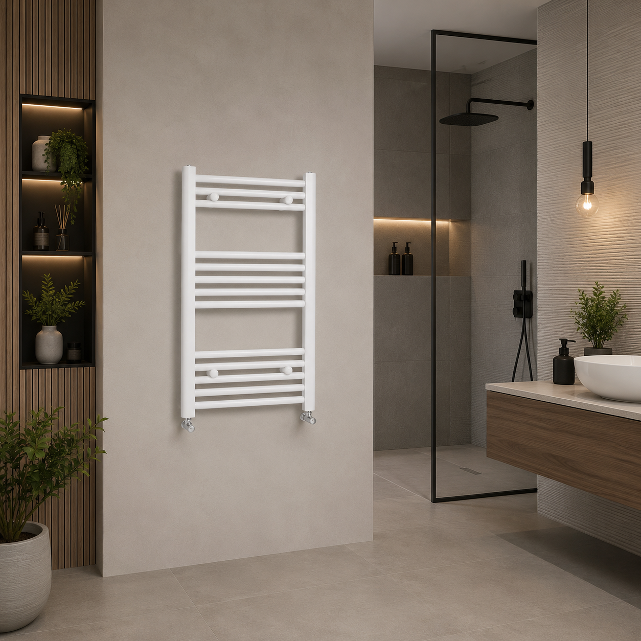 White towel radiator mounted on a bathroom wall with a shower and vanity in the background.