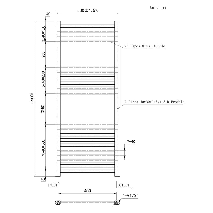 White Ladder Towel Rail 500mm Wide 1200mm height dimensions